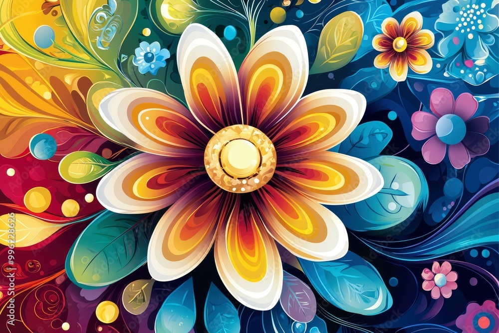 A large yellow and orange flower with a gold center surrounded by other flowers and leaves A large yellow and orange flower with a gold center surrounded by other flowers and leaves