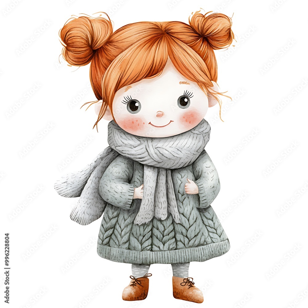 Fototapeta premium Cute watercolor illustration of a little girl with red hair and a cozy sweater.