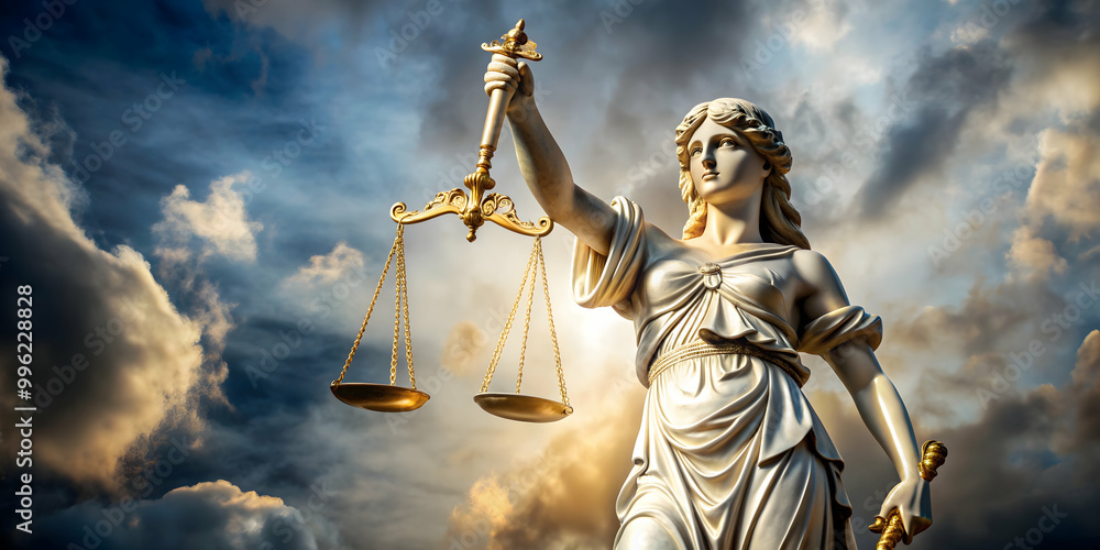 Obraz premium Marble sculpture of Lady Justice holding golden scales inspired by Italian Renaissance and Michelangelo