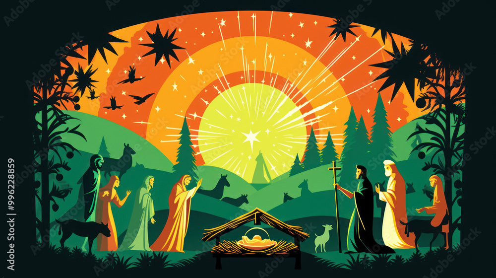Illustration of the nativity in vivid lime tones Illustration of the nativity in vivid lime tones