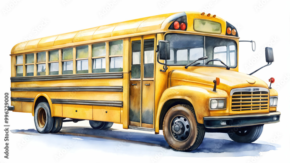 Watercolor painting of a classic yellow school bus on white background, school bus, yellow, classic Watercolor painting of a classic yellow school bus on white background, school bus, yellow, classic