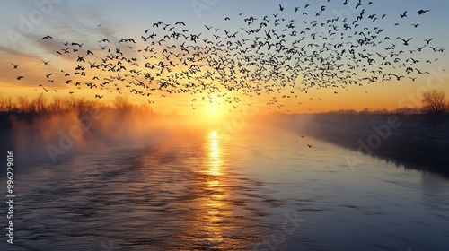 A large group of birds flying over a wide river at dawn, with mist rising from the water