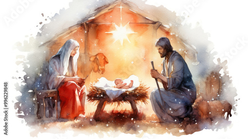 Watercolor of the nativity in red tones