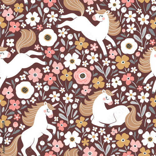 Seamless vector pattern with cute unicorns on floral background. Perfect for textile, wallpaper or print design. EPS 10 vector file. Perfect for textile, wallpaper or print design.