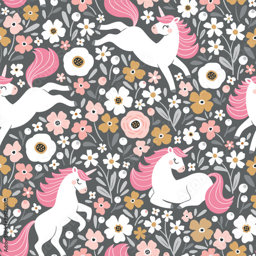 Seamless vector pattern with cute unicorns on floral background. Perfect for textile, wallpaper or print design. EPS 10 vector file. Perfect for textile, wallpaper or print design.