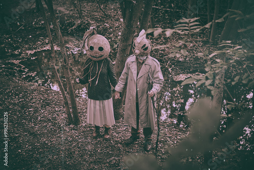 Obraz na plátně Haunting, terrifying people standing in deep forest, wearing creepy masks and odd clothes, holding hands