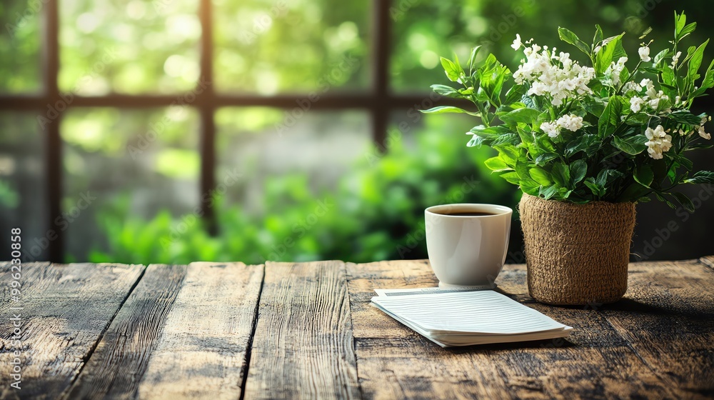A serene workspace featuring a cup of coffee, a notepad, and a potted plant on a wooden table, bathed in soft sunlight. A serene workspace featuring a cup of coffee, a notepad, and a potted plant on a wooden table, bathed in soft sunlight.