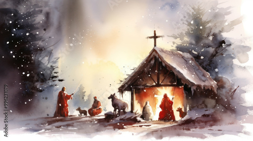 Watercolor of the nativity in dark maroon tones
