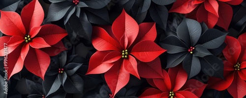 Vibrant red and black floral pattern showcasing stunning poinsettia blooms in a captivating design.