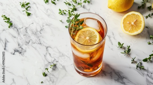 Iced Tea with Lemon in Tall Glass on Marble Surface