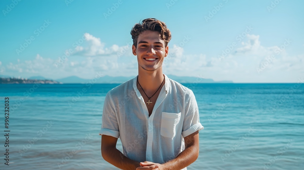 Smiling young man standing on a sunny beach with clear blue ocean and distant mountains Smiling young man standing on a sunny beach with clear blue ocean and distant mountains
