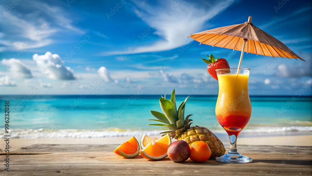 Cocktail on the beach with tropical fruits and umbrella, cocktail ...
