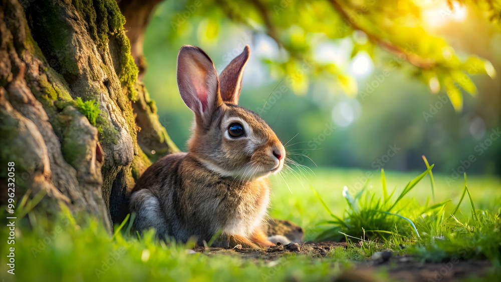 Fototapeta premium Adorable rabbit resting under a tree, rabbit, resting, cute, animal, nature, wildlife, outdoors, relaxation, peaceful, fur