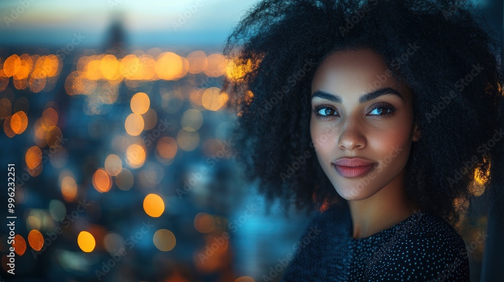 Woman with Afro Hair Looking Out Window at City Lights at Night Woman with Afro Hair Looking Out Window at City Lights at Night