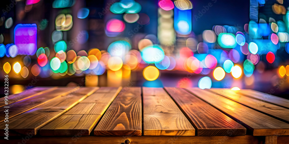 Close-up of a wooden table with neon light and blurred night view background , wooden table, blurred bokeh Close-up of a wooden table with neon light and blurred night view background , wooden table, blurred bokeh