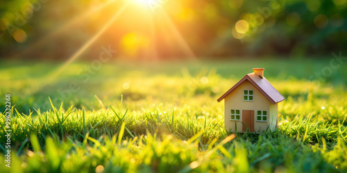 Small model home on green grass with sunlight abstract background, home, life, concept, miniature, model, house, grass