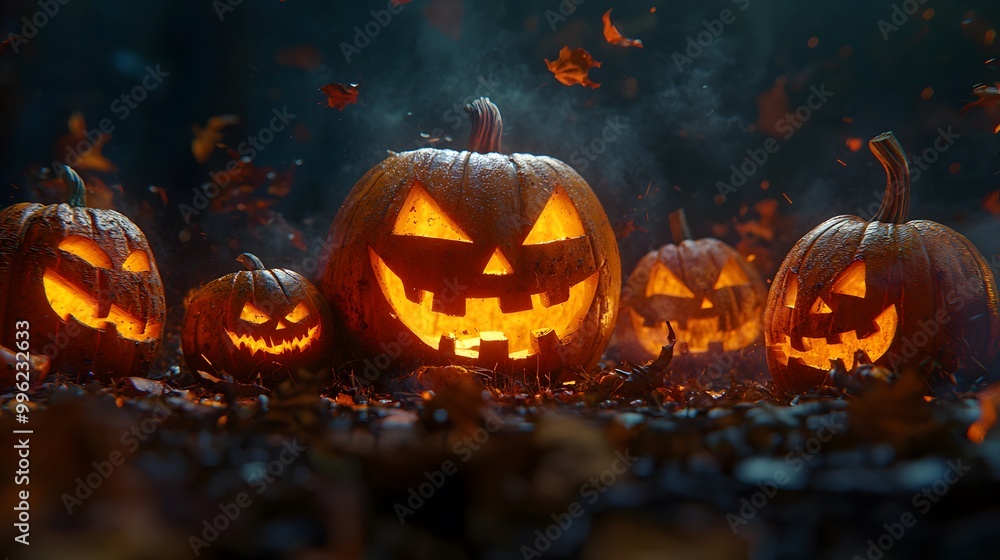 Glowing jack-o'-lanterns illuminate a spooky Halloween night. Glowing jack-o'-lanterns illuminate a spooky Halloween night.