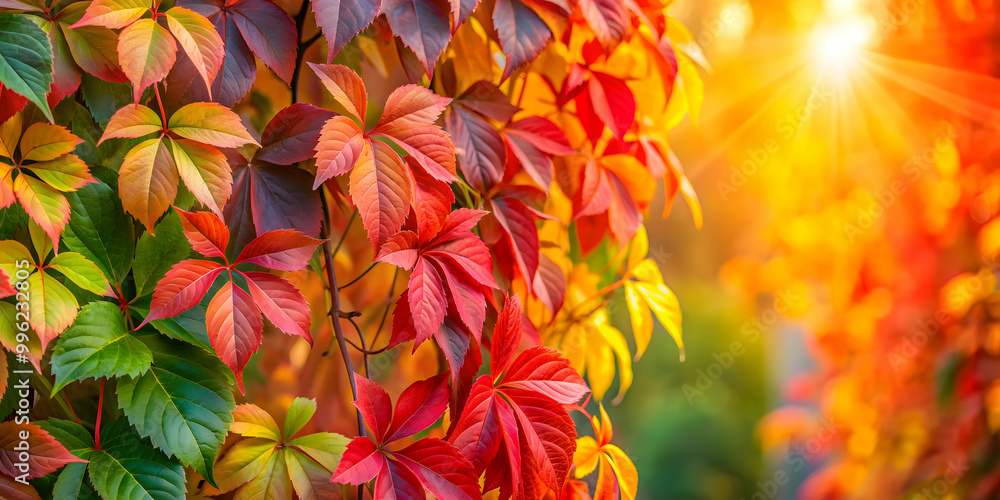 Vibrant Virginia creeper foliage in fall colors on a sunny autumn day, Virginia creeper, Parthenocissus quinquefolia, fall colors, vibrant Vibrant Virginia creeper foliage in fall colors on a sunny autumn day, Virginia creeper, Parthenocissus quinquefolia, fall colors, vibrant
