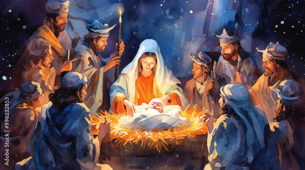Fototapeta premium Watercolor of the nativity in colorful tones
