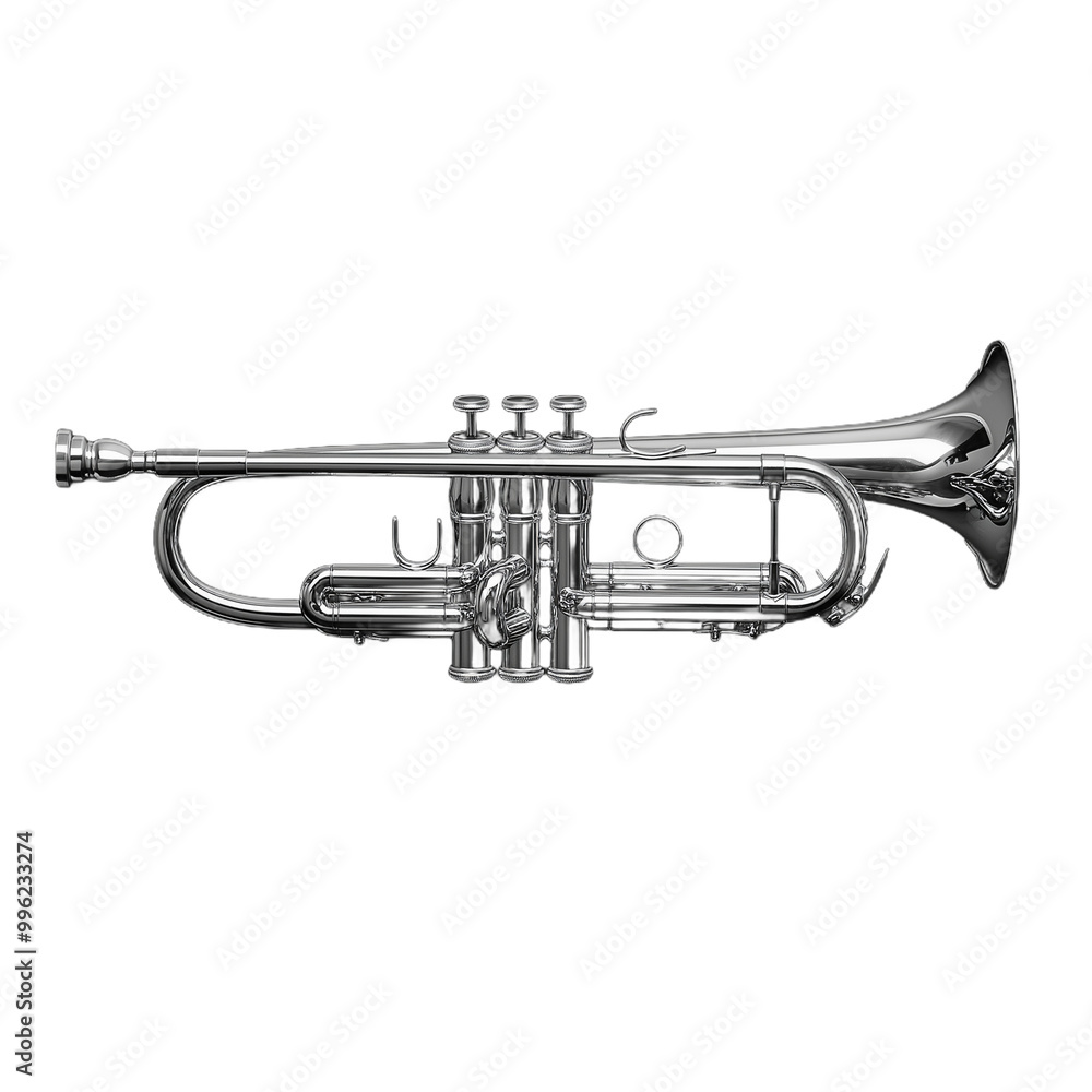 Naklejka premium Photo of a silver trumpet with gold accents on a transparent background