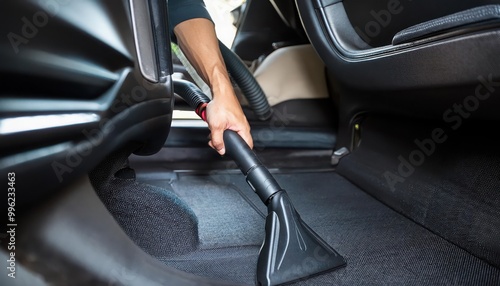 Cleaning car interior with vacuum, focused view photo