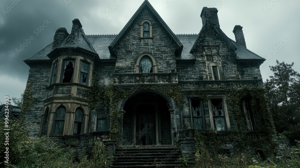 Abandoned Stone Mansion with Overgrown Ivy and Broken Windows Abandoned Stone Mansion with Overgrown Ivy and Broken Windows