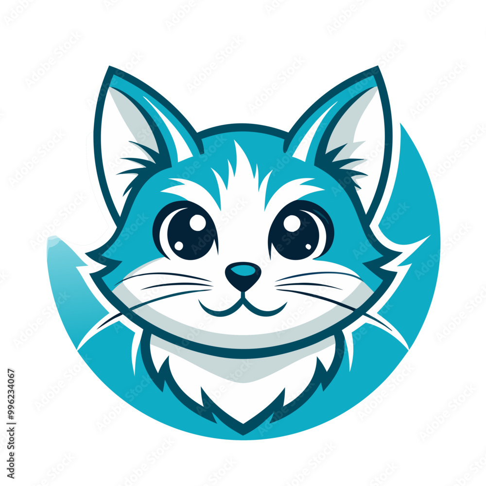 Fototapeta premium Cute Blue Cat Mascot Icon: A charming and adorable blue cat mascot icon, perfect for branding, logos, and cute designs. The icon features a friendly, cartoonish cat with big eyes, a sweet smile.