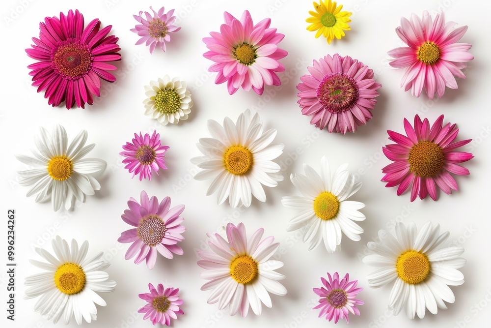 A group of daisies on a white background sharply focused top view floral design A group of daisies on a white background sharply focused top view floral design