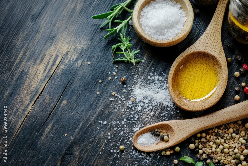 Wooden spoon and ingredients on old background with generative ai Wooden spoon and ingredients on old background with generative ai
