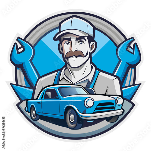 Mechanic Logo: A friendly mechanic with a mustache stands proudly in front of a classic car, surrounded by wrenches, symbolizing his expertise and passion for automotive repair.  