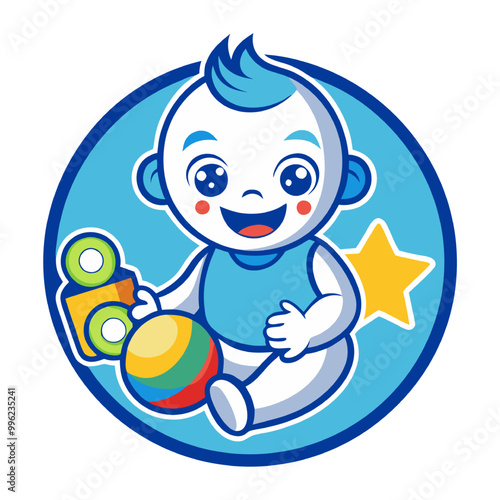 Happy Baby with Toys: A delightful illustration of a happy baby playing with colorful toys, perfect for children's products, branding, or educational materials.  