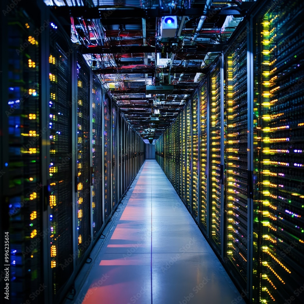 Modern data center with server racks illuminated Modern data center with server racks illuminated