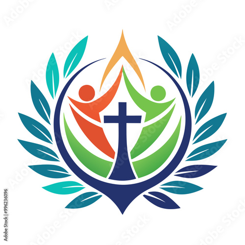 Faith and Community: A vibrant symbol of faith and unity, featuring a cross intertwined with three figures reaching towards a flame, encircled by laurel branches. The logo evokes a sense of hope.