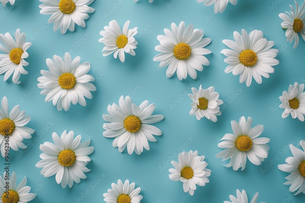 Chamomile flowers arranged in a daisy pattern on blue background Concept of repetition shown from top view Chamomile flowers arranged in a daisy pattern on blue background Concept of repetition shown from top view