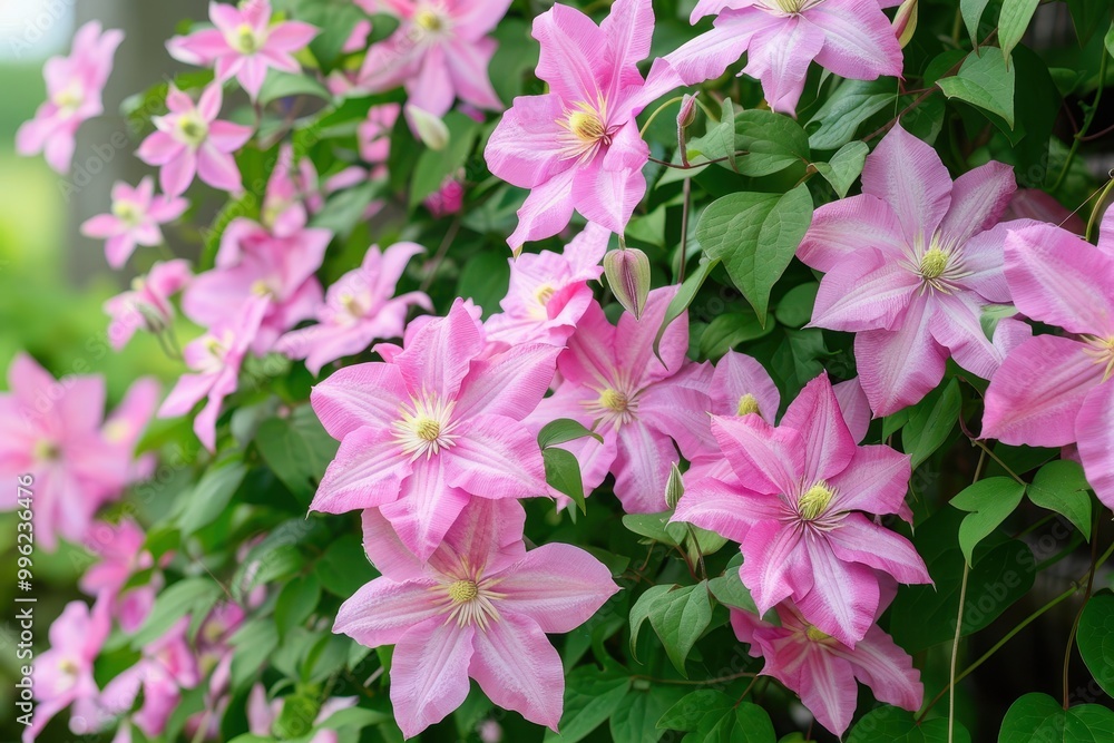 Clematis vine blossomed with big pink blooms Clematis vine blossomed with big pink blooms