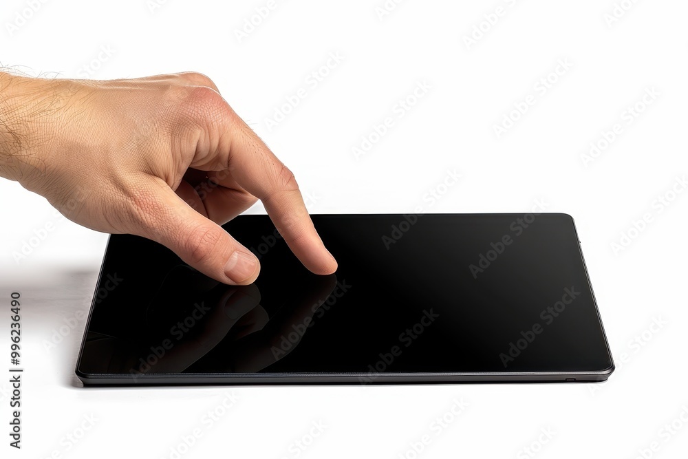 Close up hand using digital black tablet isolated on white background with clipping path Close up hand using digital black tablet isolated on white background with clipping path