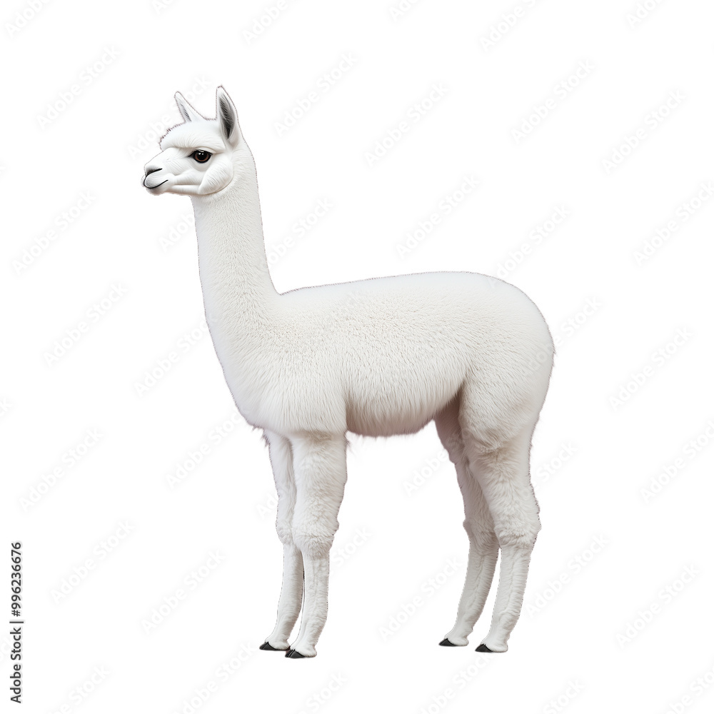 Elegant white alpaca standing gracefully on transparent background, showcasing its soft wool and serene expression Elegant white alpaca standing gracefully on transparent background, showcasing its soft wool and serene expression