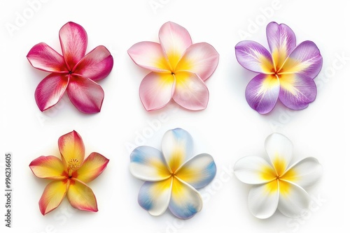 Close up of isolated Plumeria flowers on white background exotic Frangipani in full bloom