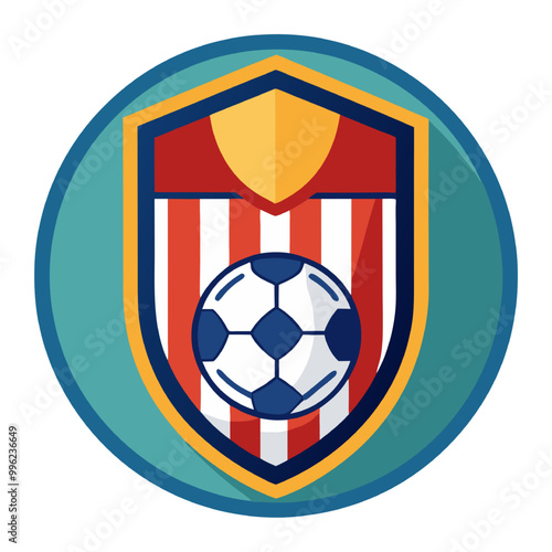 Soccer Shield Emblem: A vibrant and modern soccer shield emblem with a red, white, and blue color scheme, featuring a soccer ball in the center, ideal for team logos, sports merchandise, and branding.