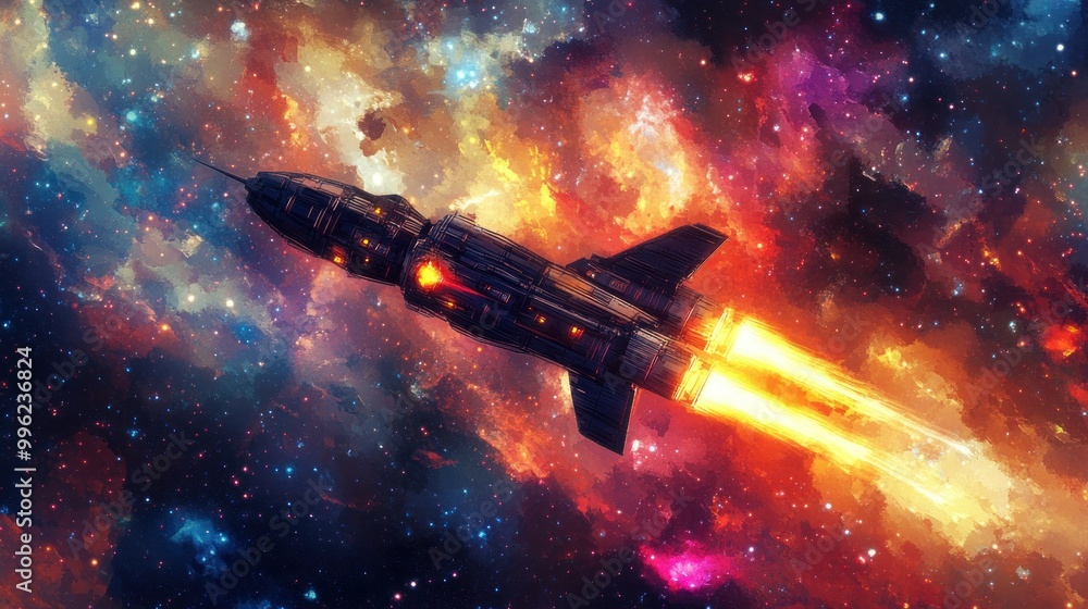 Obraz premium Spaceship With Burning Thrusters Flying Through A Galaxy