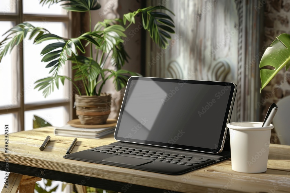 Computer tablet with keyboard case on wooden desk with accessories in living room Computer tablet with keyboard case on wooden desk with accessories in living room