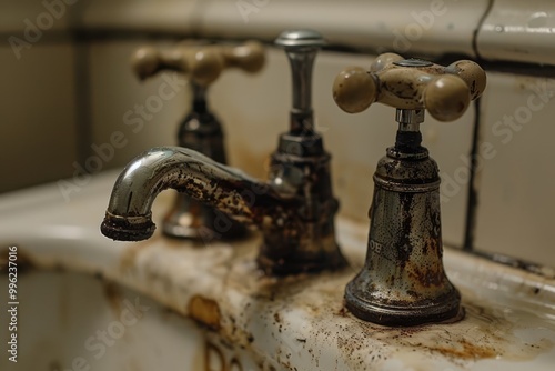 Rusty faucet in old, neglected bathroom