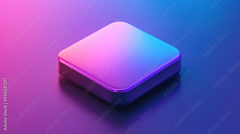 A square, 3D, purple and blue gradient button or icon with a shiny surface is rendered against a blue and purple gradient background. A square, 3D, purple and blue gradient button or icon with a shiny surface is rendered against a blue and purple gradient background.