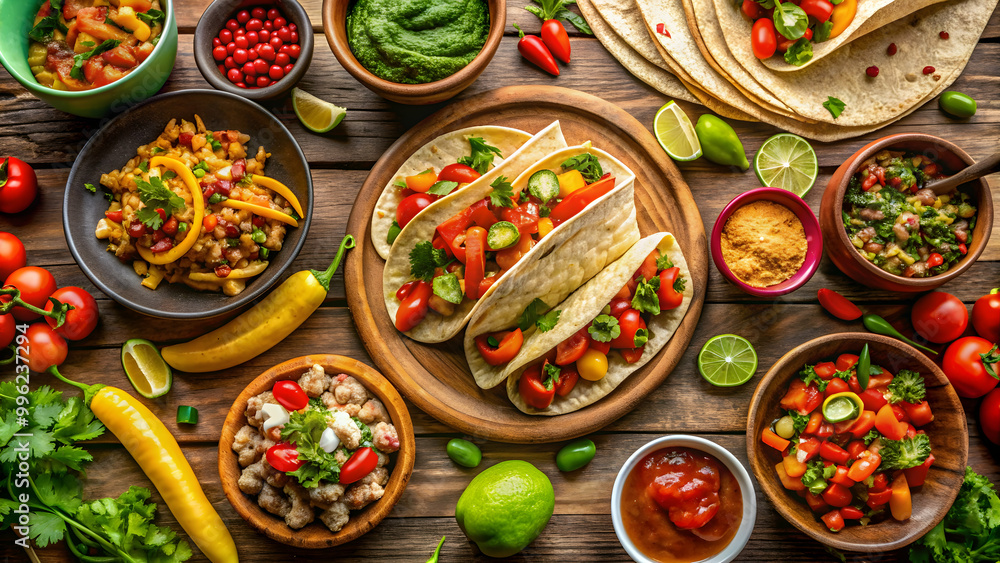 Mexican feast on the table with tacos, burritos, quesadillas, and fajitas, Mexican cuisine, food spread, delicious Mexican feast on the table with tacos, burritos, quesadillas, and fajitas, Mexican cuisine, food spread, delicious
