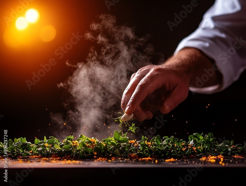 A chef using a rotary evaporator to distill essences from herbs and flowers photo