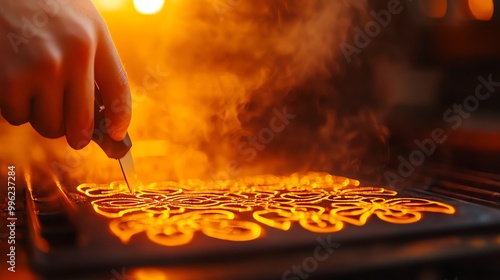 A chef using a laser cutter to create intricate designs on edible rice paper photo