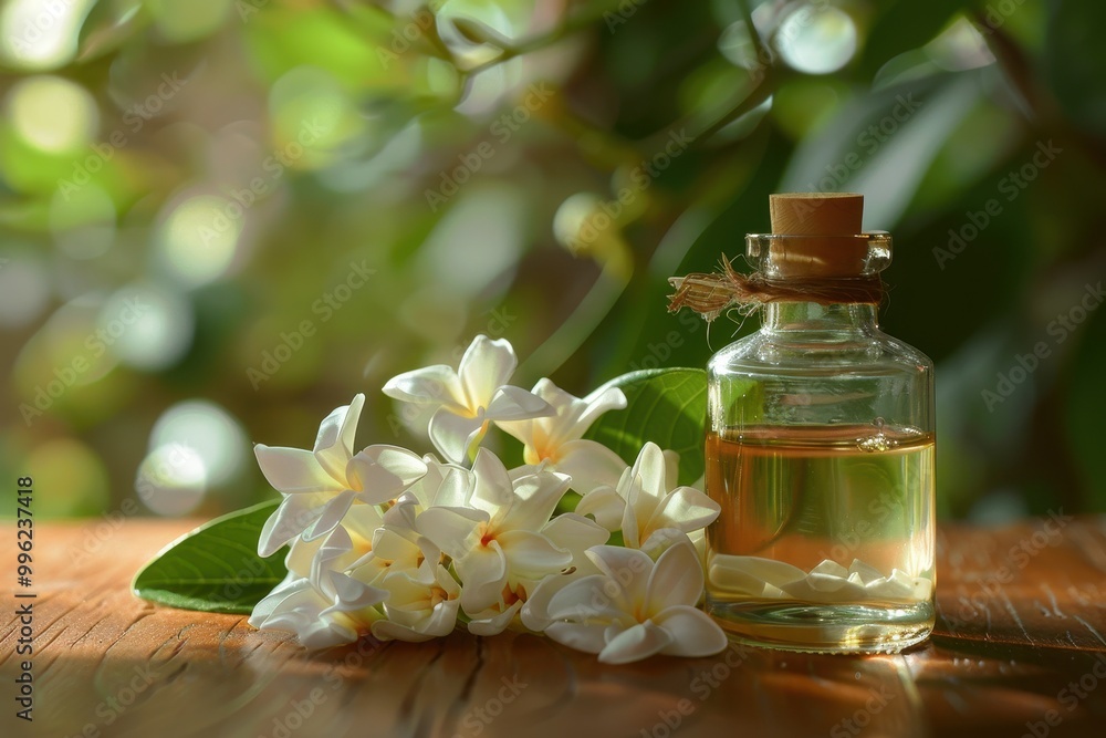 Essential oil from white Arabian jasmine flower buds in glass bottle for beauty treatment Essential oil from white Arabian jasmine flower buds in glass bottle for beauty treatment