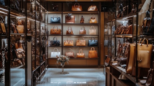 A spacious retail shop showcasing a wide variety of leather handbags and accessories, neatly arranged on glass displays.