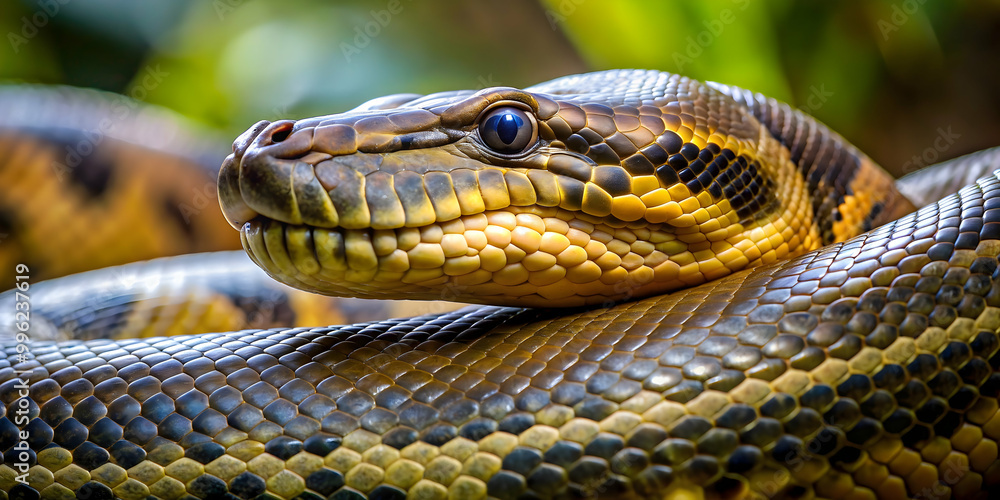 Fototapeta premium Close up of anaconda, anaconda, snake, reptile, wildlife, close up, scales, slithering, exotic, predator, dangerous, nature