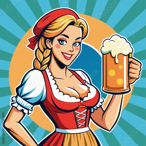 Oktoberfest Cheer: A vibrant illustration captures the spirit of Oktoberfest with a charming woman in traditional Bavarian attire, holding a frothy stein of beer, ready to celebrate. 